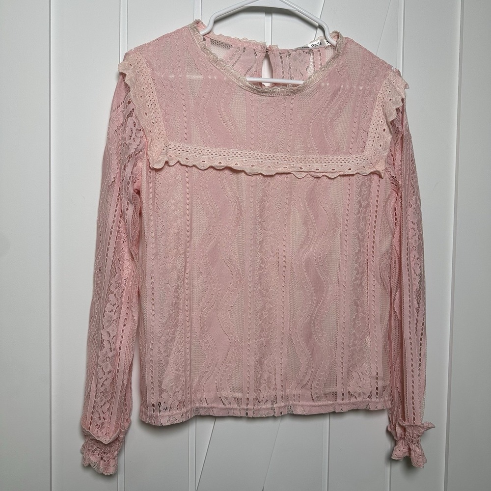 Women's Pink Lace Long Sleeve Blouse Round Neck Ruffle Details Size Medium NWT